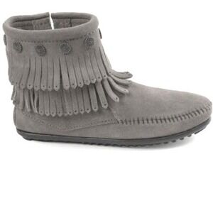 Minnetonka Double Fringe Side Zip Suede Bootie Conchas Gray Size 8 Boho Festival